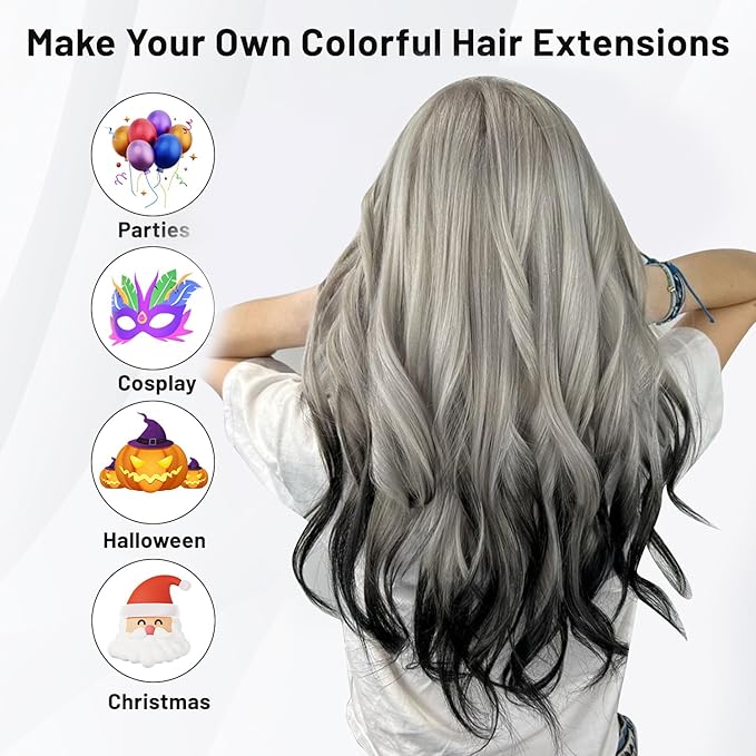 16 Pcs Colored Hair Extensions Curly Wavy Clip in Synthetic Hair Extensions,Colorful Party Highlights Hairpiece Streak for Girls Women Kids Favors Gift(Black)