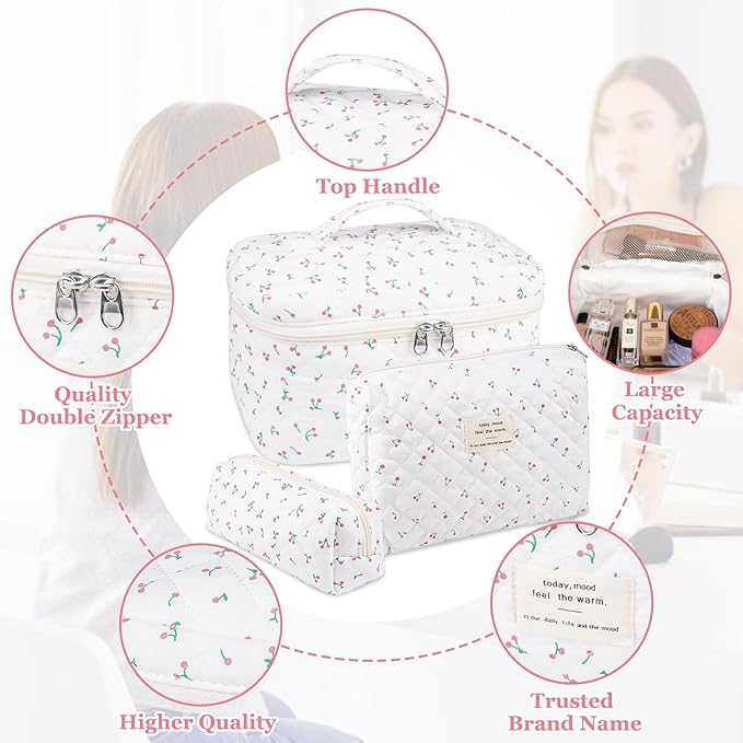 3PC Quilted Makeup Bag, Large Floral Makeup Bags for Women, Cute Cotton Cosmetic Bag Set, Flower Travel Toiletry Organizer Bags (white cherry)