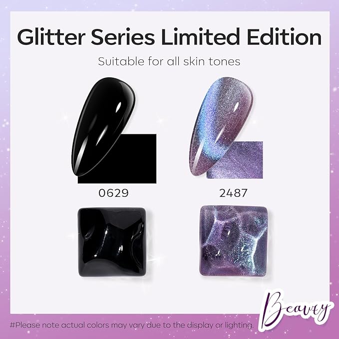 modelones Gel Nail Polish Set 2 PCS 15ML Black Purple Cat Eye Gel Nail Polish Holographic 9D Cat Eye Glitter Polish with Magnet Soak Off Led Nail Art DIY Salon Gift For Women Girl