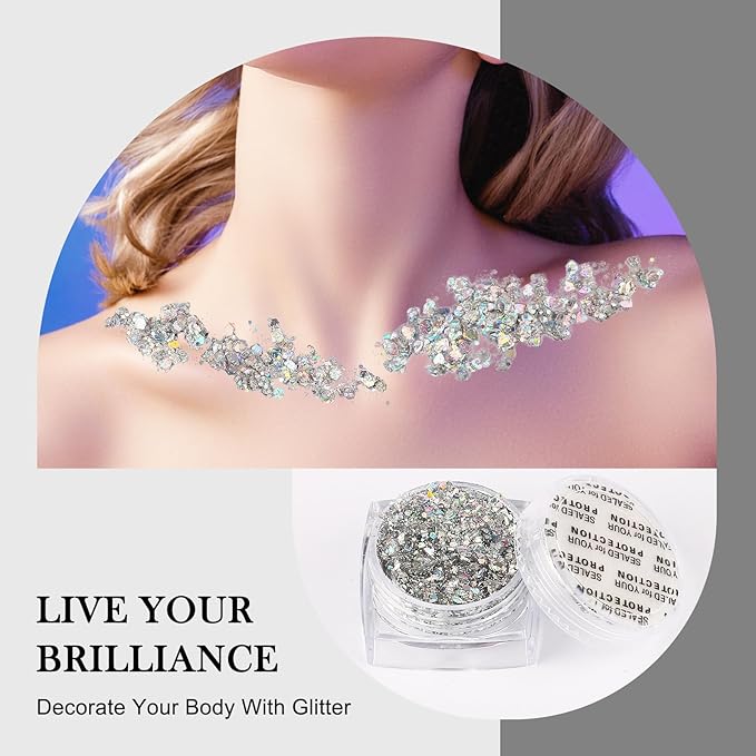 Glitter Body Face Hair Makeup Festival Gel, 6 Shapes Clear Silver Rave Glitter Face Pain Glitter Eyeshadow for Kids Women Girls Singer Concerts Festival Rave Accessories