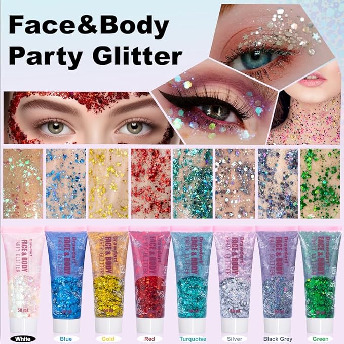 Face & Body Glitter,Cosmetic-Grade Holographic Glitter Gel,50ml Silver Hair Glitter Gel,Rave Glitter,Mermaid Makeup Glitters for Women - Vegan & Cruelty Free