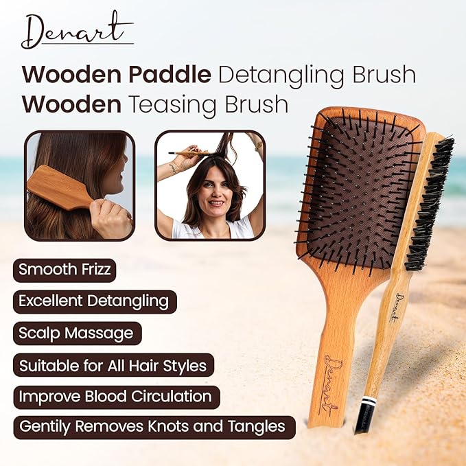 2 Packs Wooden Hand Made Detangling Paddle and Teasing Boar Bristle Hairbrush, Comfortable Gently Detangles, Reduce breakage, Pain-Tangle Free Brushing, All Wet, Dry Hair Types, Women, Men