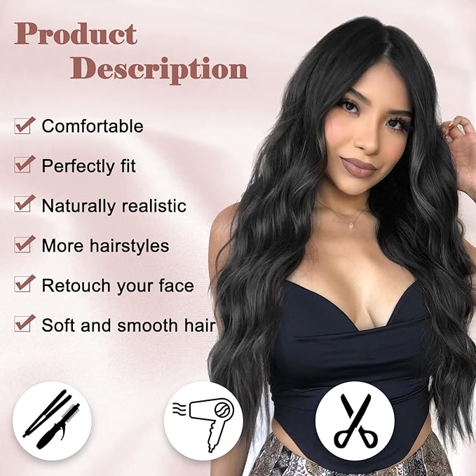 NAYOO Long Black Wavy Wig for Women 26 Inch Middle Part Curly Wavy Wig Natural Looking Synthetic Heat Resistant Fiber Wig for Daily Party Use (Natural Black)