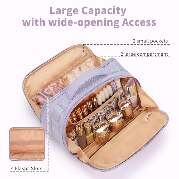 OCHEAL Travel Makeup Bag - Wide Open Cosmetic Bag for Women Make up with Two Compartments, Portable Lightweight Roomy Organizer Toiletry Bag for Girls Skincare tools Accessories-Purple