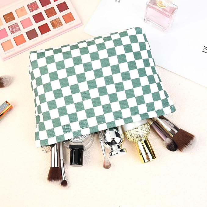 2 Pcs Checkered Makeup Bag Large Cosmetic Bag Toiletry Bag Makeup Pouch Travel Bag Organizer Cute Makeup Brushes Aesthetic Accessories Storage Bag for Women Olive Green