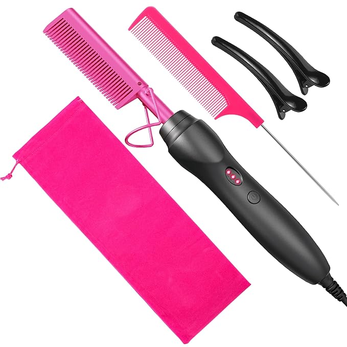 Hot Comb Hair Straightener Heat Pressing Combs - Ceramic Electric Straightening Comb for Natural Black Beard Wigs Holiday Gift- Pink