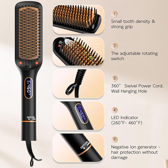 Nicebay Straightener Brush, Rotatable Temperature Adjustment Hair Straightening Brush, Auto-Off & Led Display Hair Straightener Comb for Women
