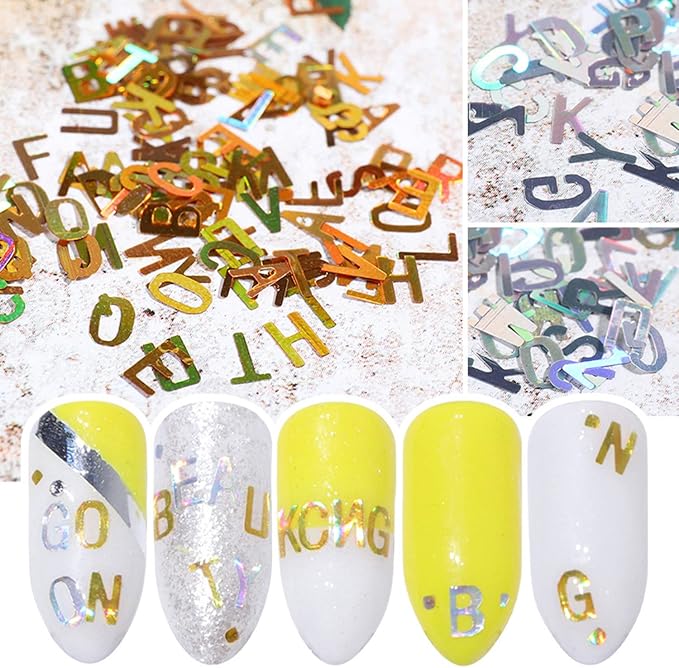 12 Colors Letter Nail Art Glitter Sequins, Holographic 3D Alphabet Nail Art Flakes Designs, Laser Letters Glitter Acrylic Nails Supplies for Women Girls Manicure Sparkly Decorations, DIY Shiny Crafts