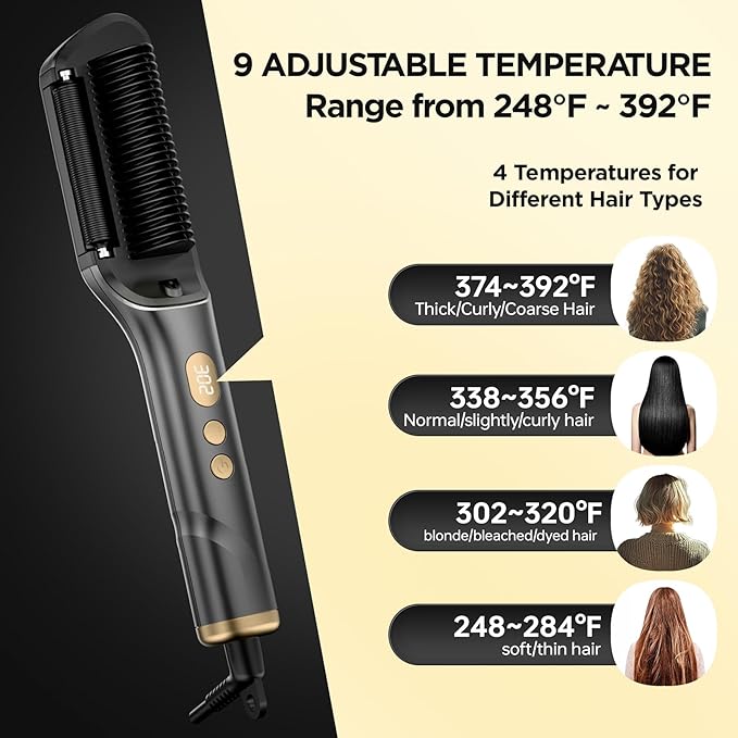 Hair Straightener Brush, Negative Ion Flat Iron & Straightening Comb 2 in 1 with Convenient Comb, Fast Heating, Anti-Scalding, 30s Fast Heating, 5 Temp Settings 284℉ - 392℉ (Gold Gray)