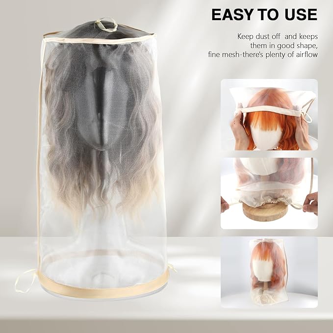 10pcs Wig Storage for Multiple Wigs Bag with Drawstring, Transparent Dust-Free Mesh Hair Extension Storage for Mannequin Head Wig Accessories (Light Golden)