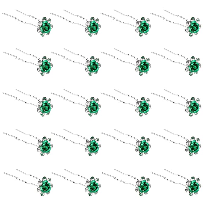 20 Pack (Green) Crystal Hair Pins Rose Flower Rhinestone Hair Clips for Bridal Wedding Women Hair Jewelry Accessories, with Clear Container