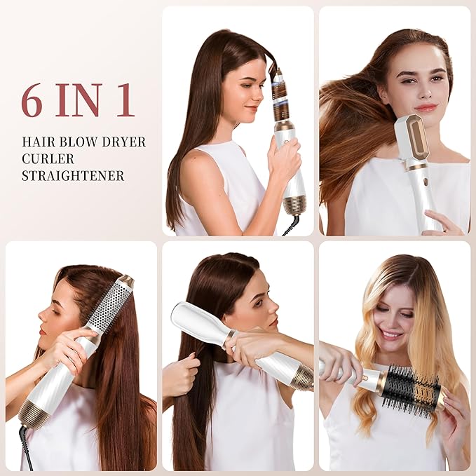 Hair Dryer Brush, 6 in 1 Upgrade Detachable Blow Dryer Air Styler Wrap Curler, Hot Air Brush Curly Twist Curling Iron, Travel Hair Styling Tool Negative Ion Blow Dryer Hot Styler