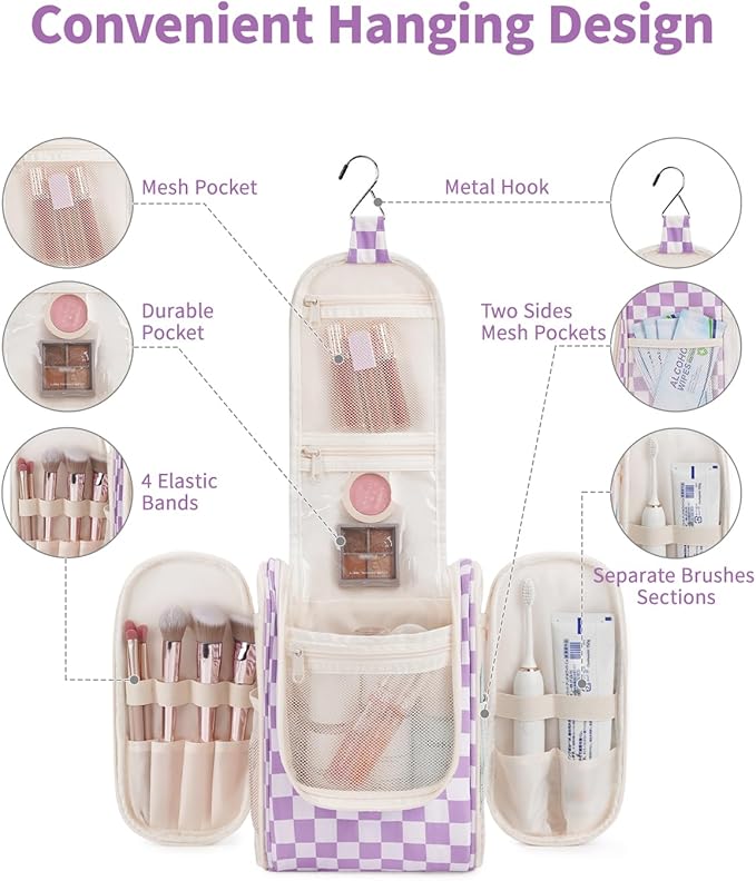 Narwey Small Checked Hanging Travel Toiletry Bag for Women, Travel Bag for Toiletries, Makeup Bag Organizer Cosmetic Bags Make Up Bags for Women (Purple Checkerboard)