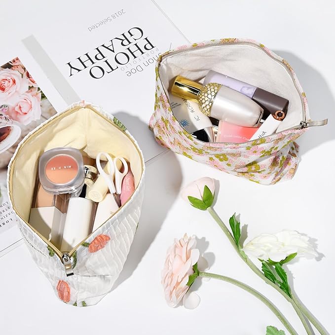 2 Pieces Flower Makeup Bag Large Floral Cosmetic Bag Capacity Canvas Travel Toiletry Bag Organizer Cute Makeup Brushes Aesthetic Accessories Storage Bag for Women, Embossed flower L White Pink