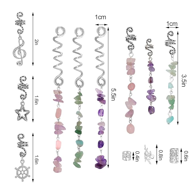 40Pcs Natural Colored Crystal Stone Hair Accessories, hoyuwak Metal Hair Charms, Silver Loc Dreadlock Spirals, Cuffs & Rings for Women's Hairstyles