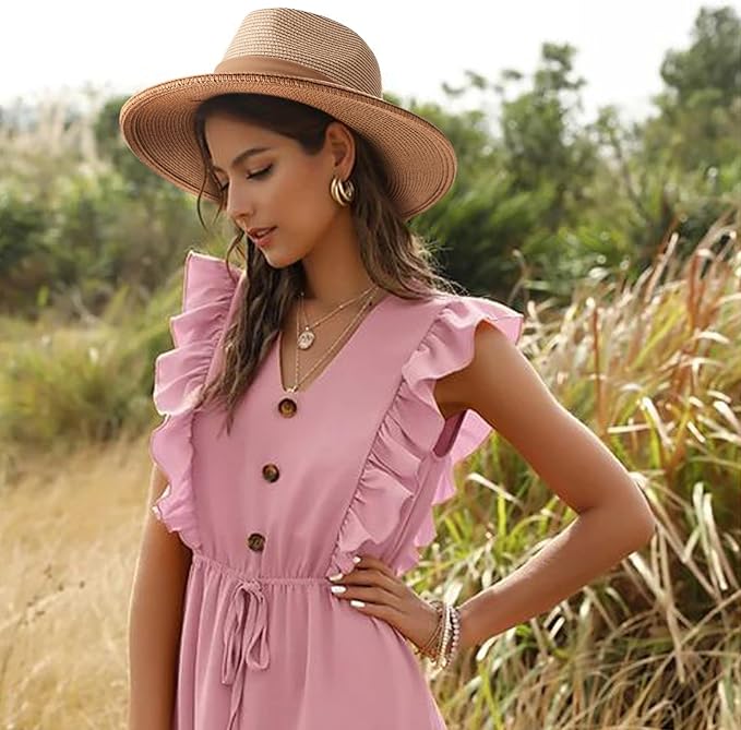 DRESHOW Women Straw Panama Hat Travel Fedora Beach Sun Hat Summer Wide Brim Straw Roll up Hat UPF 50+