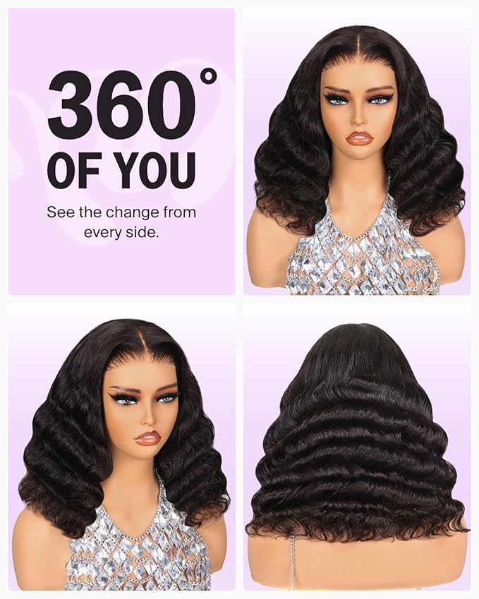 6x6 Bob Wig Human Hair Wear and Go Glueless Wigs 12A Loose Curly Bob Wig Pre Cut Lace Closure Wig Pre Bleached Tiny Knots Short Bob Wigs 14 Inch