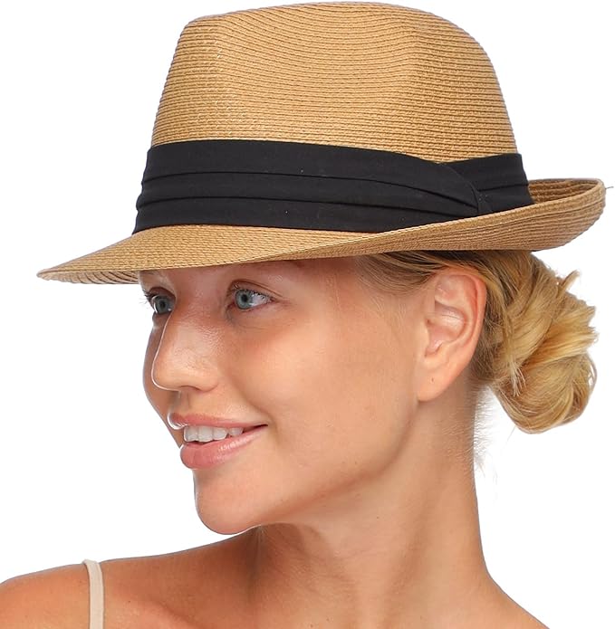 FURTALK Fedora Straw Sun Hat for Men Women Foldable Roll Up Short Brim Trilby Hat Panama Beach Hat UPF 80+