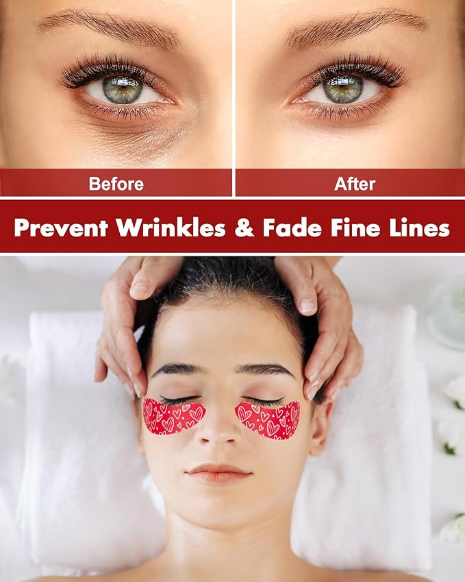 2 Pairs Reusable Under Eye Wrinkle Patches Silicone Mask, Plump Fine Lines & Wrinkles, with Metal Eye Cream Applicator, Tin Case, Valentine's Day Red