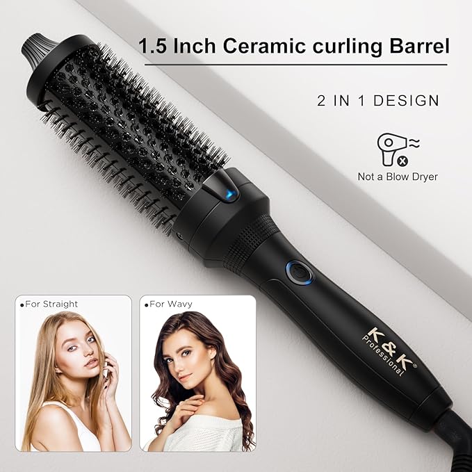 K&K Thermal Brush, 1.5 Inch Heated Round Brush, Professional Heated Curling Ceramic Tourmaline Ionic Curling Iron, Hot Styling Volumizing Tool, Dual Voltage Black