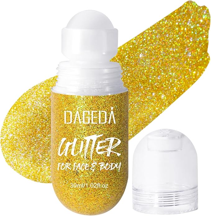 DAGEDA Body Glitter Gel, Roll-on Face Glitter for Mermaid Makeup Festival Rave Accessories, Holographic Hair Glitter Gel,Body Shimmer Halloween Makeup for Rave Party(Laser Gold)