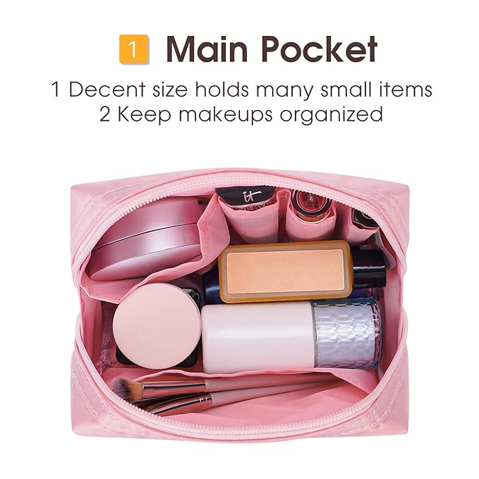 Narwey Small Makeup Bag for Purse Mini Cosmetic Bag Travel Makeup Pouch Zipper Pouch Cute Make up Bags with Compartments for Women Girls (Pink, Small)