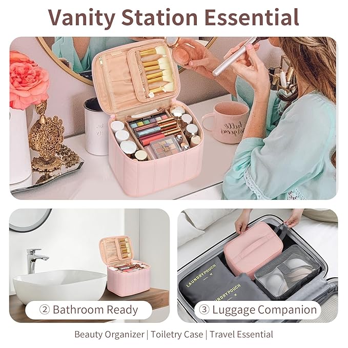 OCHEAL Travel Makeup Bag, Cosmetic Bags for Women Makeup Case Organizer Large Capacity Travel Toiletry Bag Storage Bags with Divider and Handle for Cosmetics Toiletries Brushes Tools-Pink