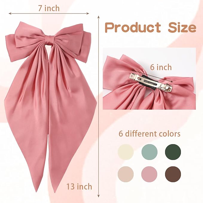 6 PCS Hair Bows for Women, Big Bow Hair Clips for Girls, Silky Satin Hair Bow Clips Oversized, Large Cute Aesthetic Hair Accessories Gifts Holiday Green Color