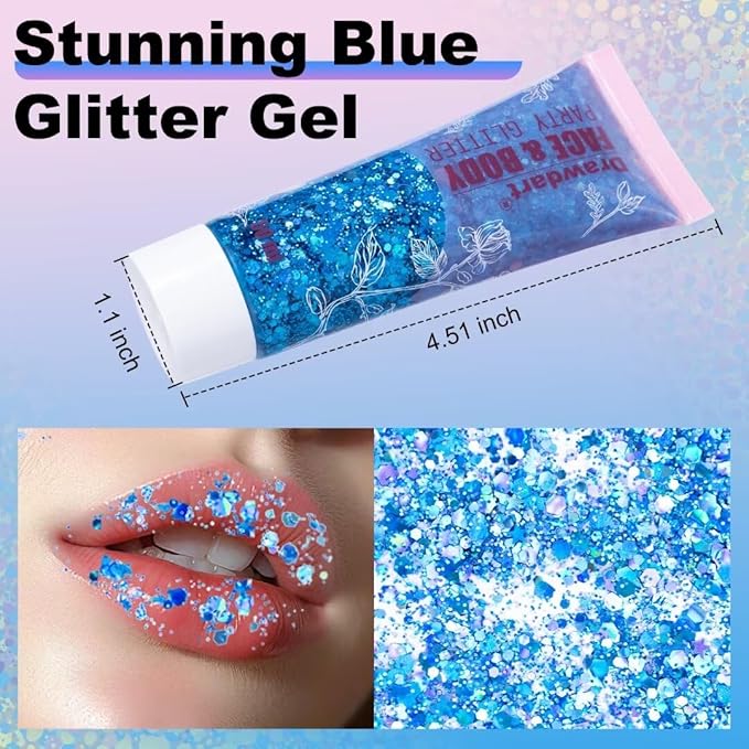 Body Glitter Gel,Blue Holographic Chunky Glitter for Face Hair Nails,Long Lasting Face Paint Glitter Music Festival Rave Accessories Makeup for Women Kids,50ml