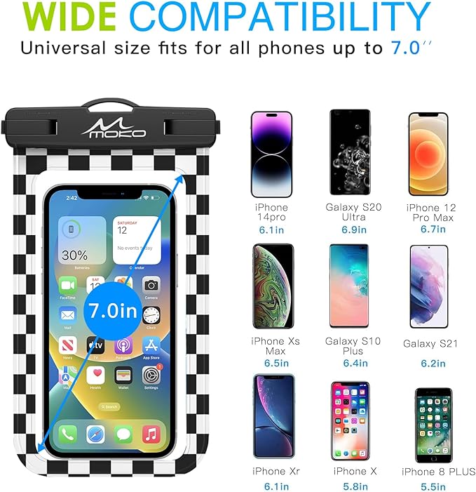 MoKo Waterproof Phone Pouch Holder, Cellphone Case Dry Bag with Lanyard Armband Compatible with iPhone 16 15 14 13 12 11 Pro Max, Samsung S24/S23/S21/S20/S10, Checkerboard