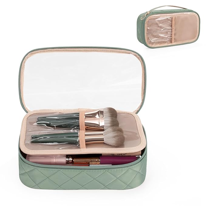 OCHEAL Clear Makeup Bag, Portable Storage Organizer Cosmetic Travel Bag Cute Pouch For Women and Girls Cosmetics Bags with Divider Brush Compartment-Green Rhombic b03_Green Rhombic