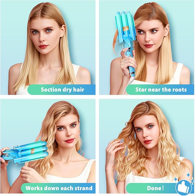 3 Barrel Curling Iron Hair Crimper: Aleath Dual Voltage Adjustable Temperature Three Barrels Hair Waver - Ceramic 1 inch Curler Wand(Blue)