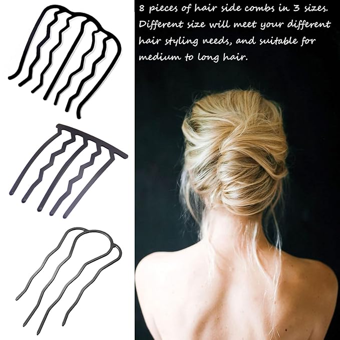 8 Pieces Hair Side Combs, Metal Hair Fork Clip Hair Pins for Buns Hair Updo U-Shape Hair Sticks for Women Hair Styling Tool Accessories