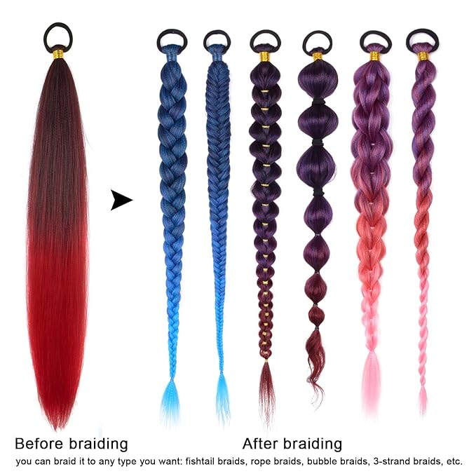 2 Pack Braid Ponytail Extension with Elastic Tie Straight Sleek Wrap Around Braid Wig Ponytail Black Red gradient 26 Inch (Black/Red)