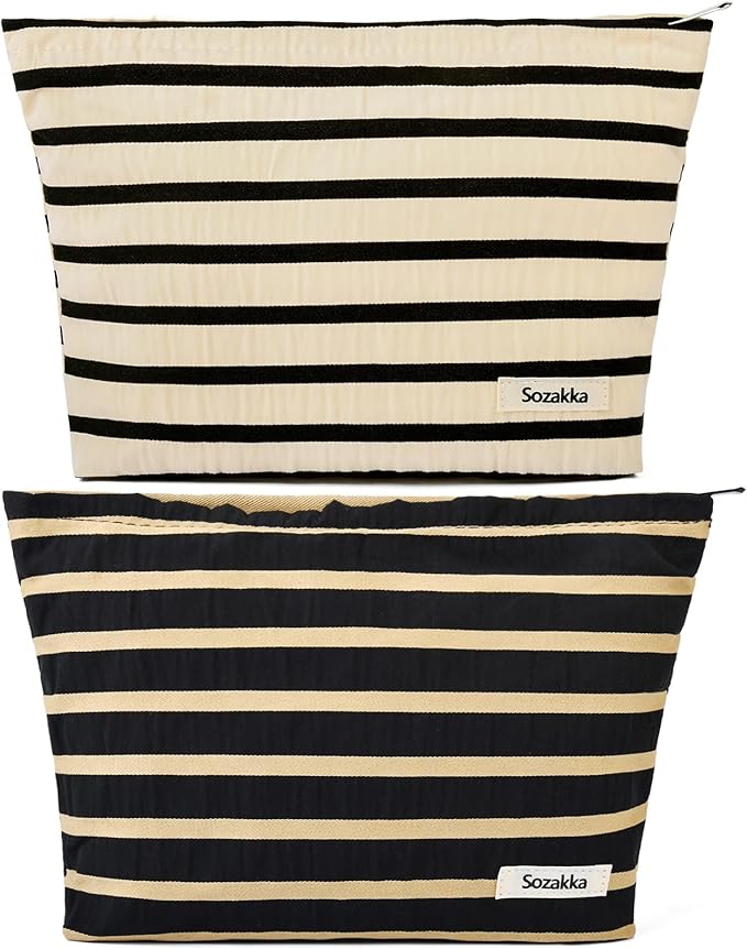 2 Pieces Makeup Bag Large Stripe Cosmetic Bag Capacity Canvas Travel Toiletry Bag Organizer Cute Makeup Brushes Aesthetic Accessories Storage Bag for Women, Stripe L Black White