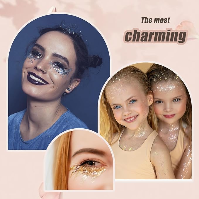 Face Body Glitter, Hair Glitter Sparkles Chunky Face Glitter Gel for Girls Makeup Singer Concerts Mermaid Festival Sequins Face Paint (3pc Gold)
