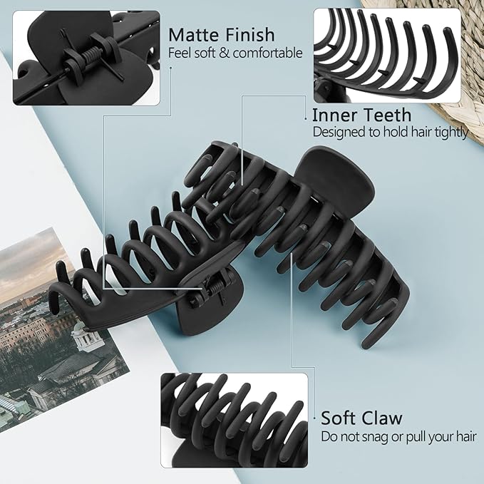 TOCESS 8 Pack Black Big Hair Claw Clips for Women Large Claw Clip for Thin Thick Curly Hair 90's Strong Hold 4.33 Inch Nonslip Matte Jumbo Hair Clips