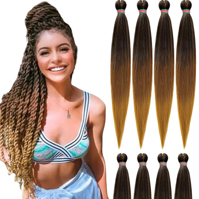 Ombre Pre stretched Braiding Hair, 36 inches Braid Hair Extensions, 8 packs Multi Color blend braiding hair pre-stretched, Crochet Hair Braiding(36''-8packs, 1b/30/27)