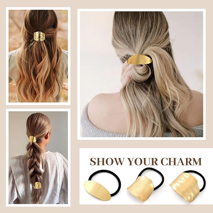 3PCS Gold Hair Ties, Metal Hair Ties for Thick Hair, Elegant Durable Geometric Design Hair Cuffs, Gold Hair Accessories Stretchy and Non-Damage Ponytail Holders 3 Style