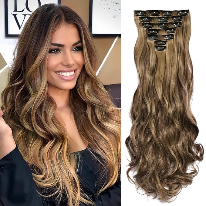22 Inch Clip In Hair Extensions 7 PCS Long Wavy Synthetic Black Hair Extension & Natural Soft Invisible Clip Thick Hairpieces for Women Daily(20Inch, 7pcs, Dark Brown Mixed Gold)