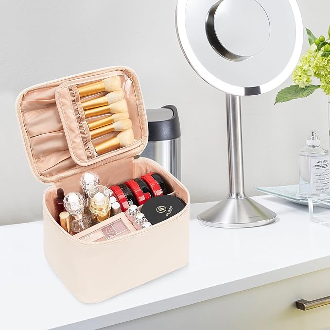 OCHEAL Makeup Bag, Large Capacity Make Up Bag for Cosmetics Vertical Storage,Toiletry Bag for Skincare Makeup Organizer Bag for Travel,With Makeup Brushes Compartments & Dividers -Beige