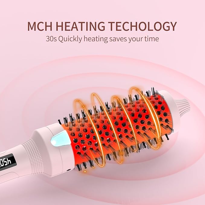 K&K 1 1/2 Inch Ceramic Tourmaline Ionic Heated Round Brush Curling Brush Creates Blowout Look -Creates Root Volume & Loose Curls Volume Curls Dual Voltage Hair Styling Tool (Pale Pink, 1.5 Inch)