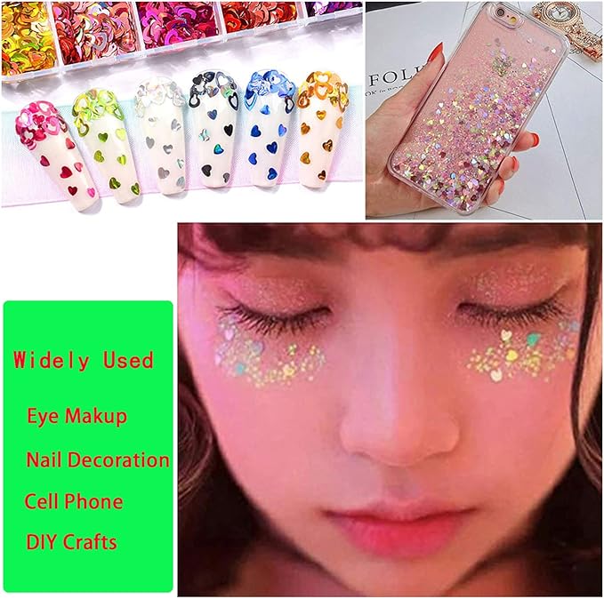 12 Colors Heart Nail Art Glitter Sequins, 3D Love Heart Nail Flakes Designs, Holographic Laser Big Small Hearts Nail Art Supplies for Women Girls Manicure Sparkle Decorations, DIY Body Makeup Crafts
