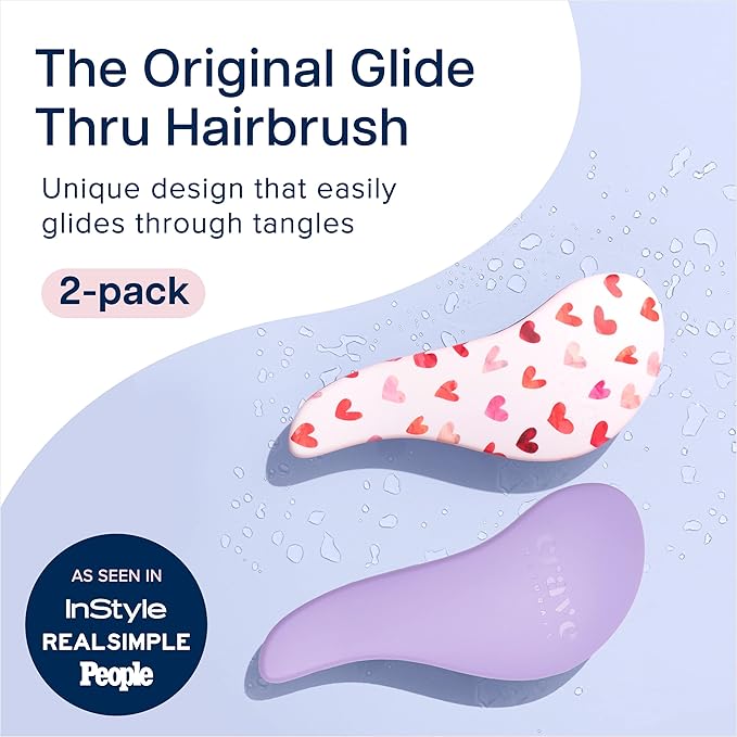 Crave Naturals Glide Thru Detangling Hair Brush for Adults and Kids - Detangler Hairbrush for Curly or Straight, Wet or Dry Hair - Gentle on Tangles Hair Comb - Purple and Pink Hearts (Pack of 2)