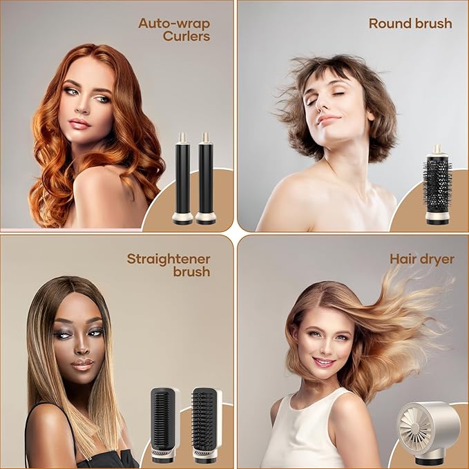 Hair Dryer Brush TECHMERI 6 in 1 Blow Dryer Brush Ions, Detachable Hair Styler Tools, Auto Wrap Curler, Hot Air Brush for Drying, Straightening and Volumizing, High Speed