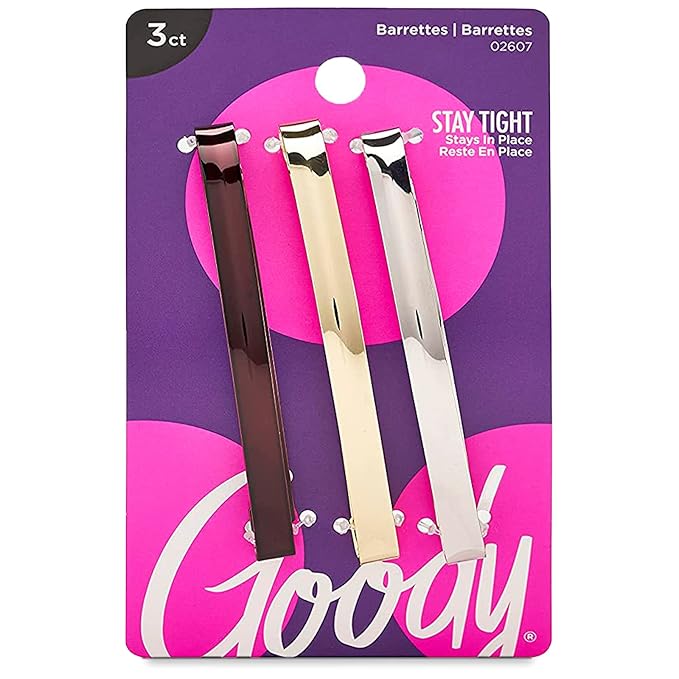 Goody Metal Hair Barrettes Clips - 3 Count, Assorted Colors - Slideproof and Lock-In Place - Suitable for All Hair Types - Pain-Free Hair Accessories for Men, Women, Boys, and Girls - All Day Comfort