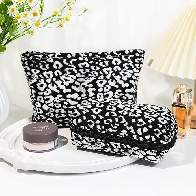 2 Pieces Leopard Print Makeup Bag Large Cosmetic Bag Capacity Canvas Mix Travel Toiletry Bag Organizer Cute Makeup Brushes Aesthetic Accessories Storage Bag for Women, Leopard Print Mix Black