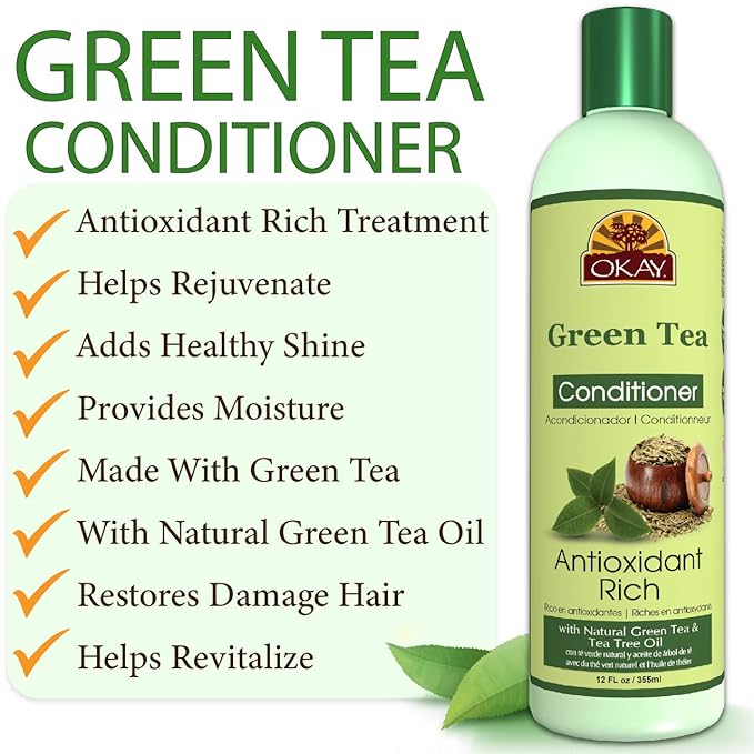 OKAY | Green Tea Nourishing Antioxidant Rich Conditioner | For All Hair Types & Textures | Revitalize - Rejuvenate - Restore | With Tea Tree Oil | Free of Paraben, Silicone, Sulfate | 12 oz , pale green