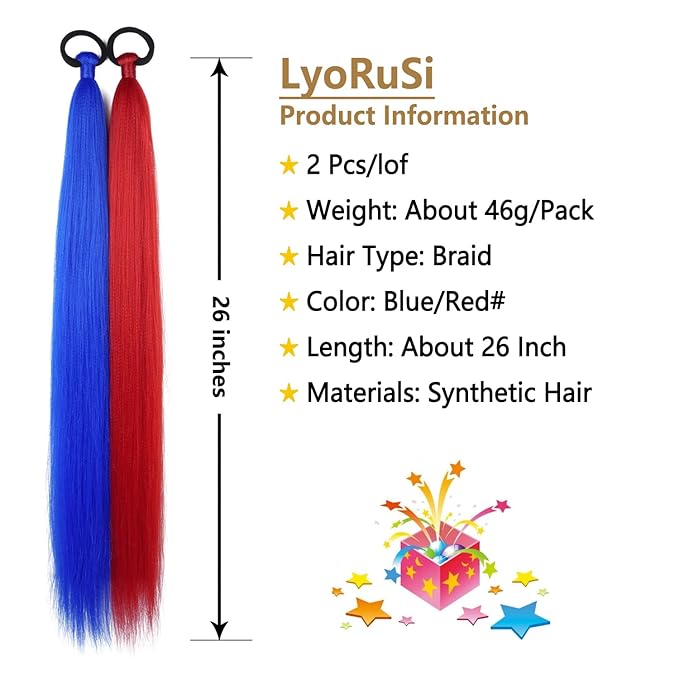 2 Pack Braid Ponytail Extension with Elastic Tie Straight Sleek Wrap Around Braid in Extensions Red Blue Contrast 26 Inch Hair Braid Extensions Ponytail for Girls(Red/Blue#)