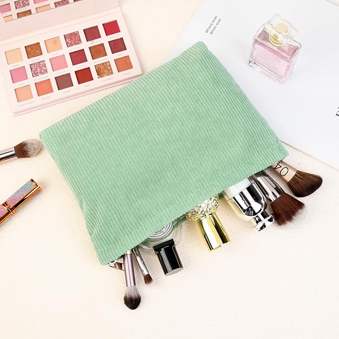 2 Pcs Corduroy Makeup Bag Large Cosmetic Bag Toiletry Bag Makeup Pouch Travel Bag Organizer Cute Makeup Brushes Aesthetic Accessories Storage Bag for Women Green